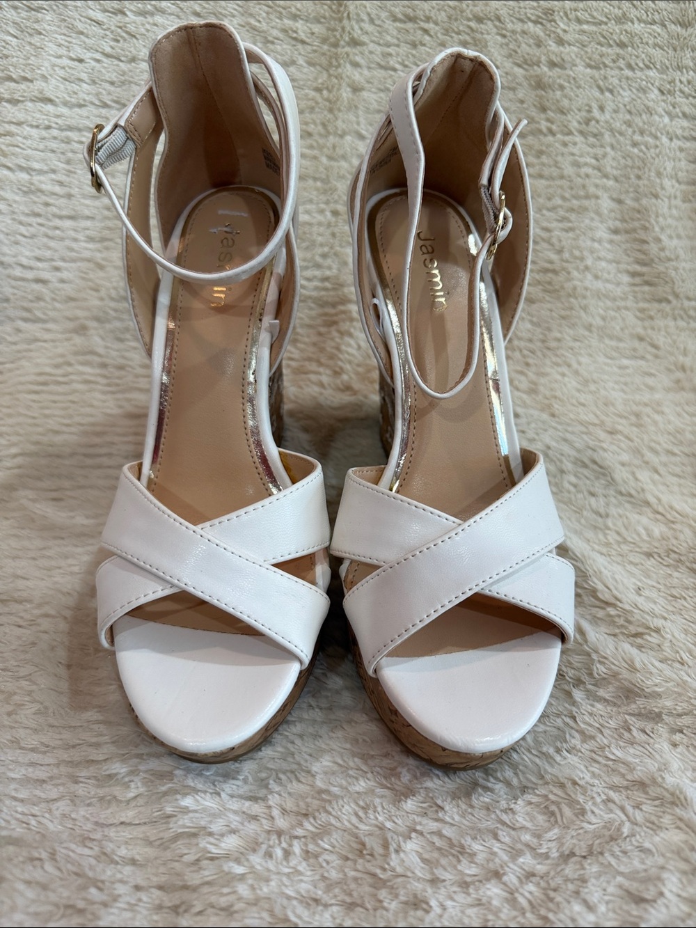 Jasmine White Crisscross Cork Wedge Sandals with Ankle Strap